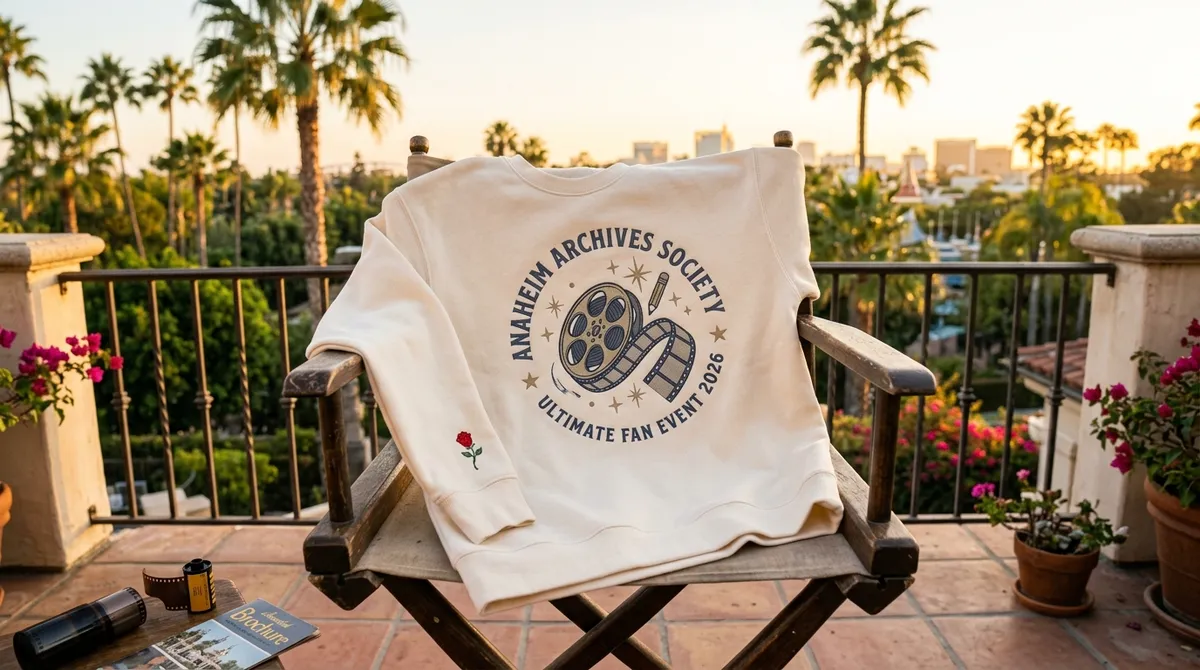 Exclusive d23 2026 Anaheim Archives Society embroidered sweatshirt on a balcony
