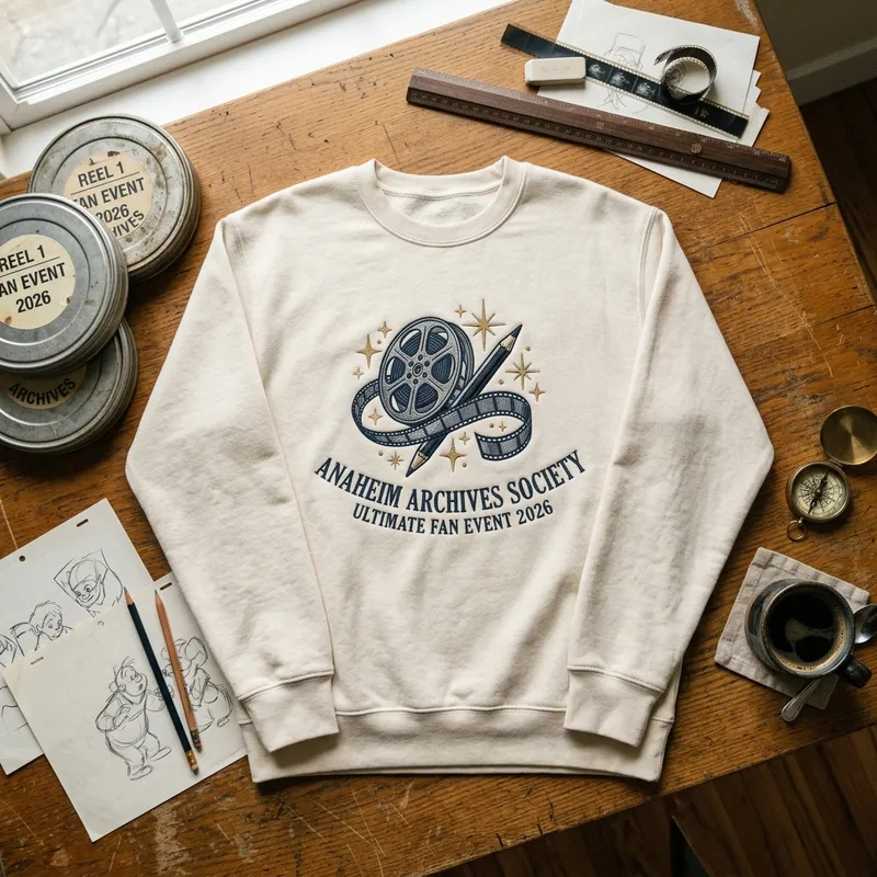 Close-up macro shot showing the intricate, vintage-style machine embroidery stitch detail of a film reel and magical starbursts on a premium sweatshirt