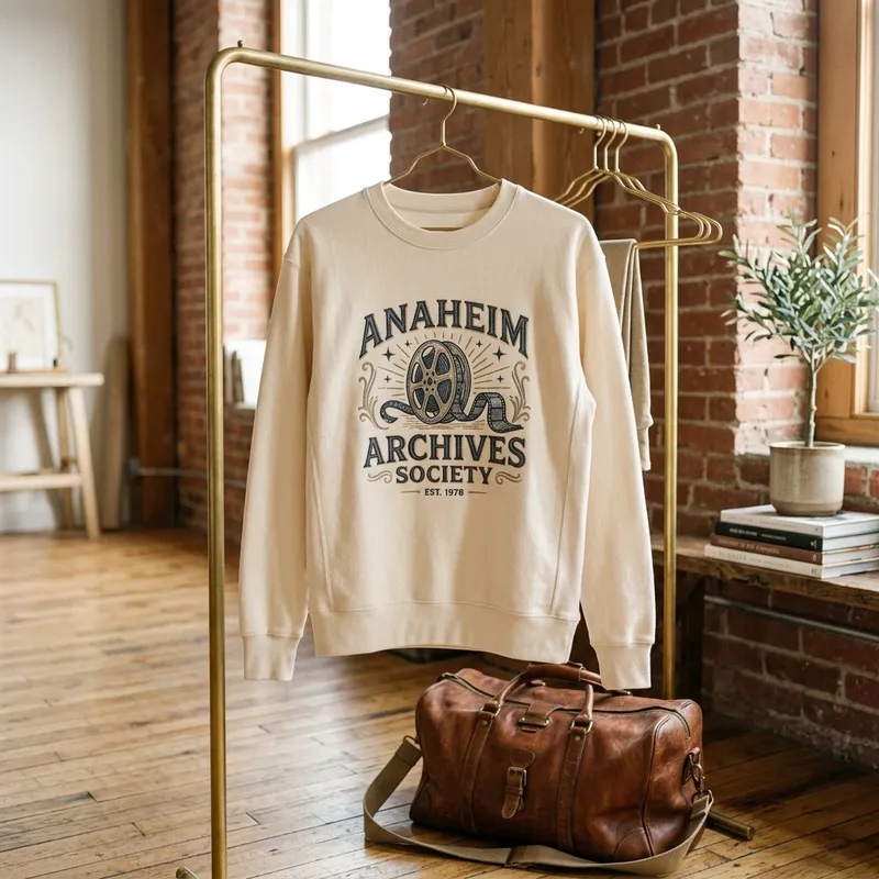 A candid lifestyle shot of a fan wearing the Anaheim Archives Society '26 Embroidered Sweatshirt while holding a convention pass and a coffee