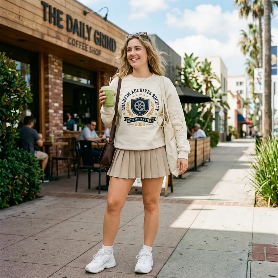 A styled flat lay scene featuring the Anaheim Archives Society embroidered sweatshirt alongside D23 2026 convention tickets, a vintage camera, and Disneybound accessories