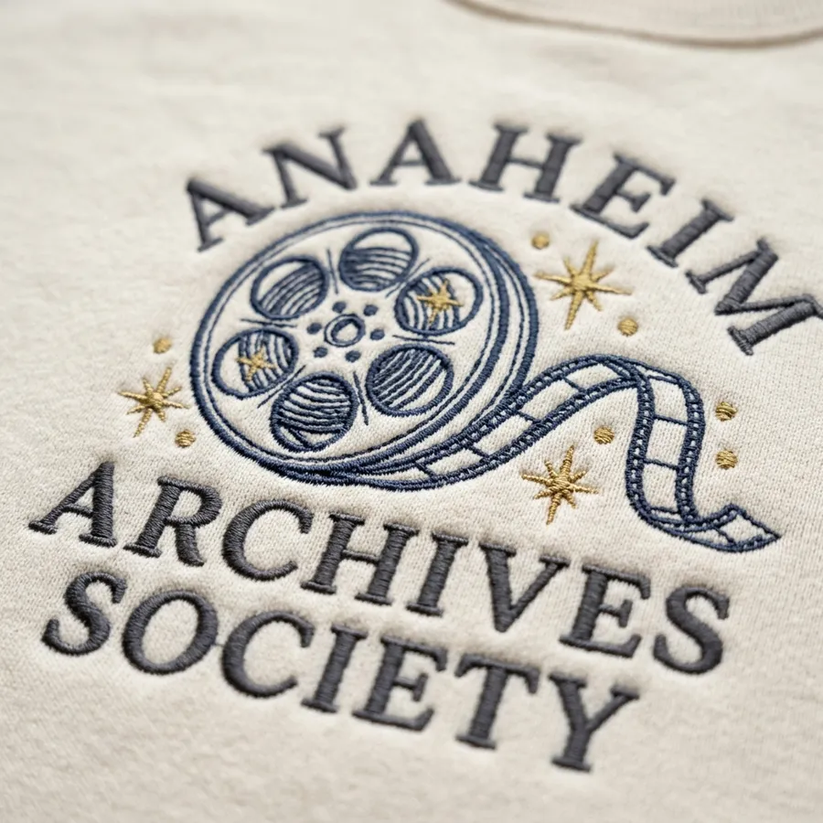 Detail shot of the left sleeve of the Anaheim Archives Society sweatshirt, showing the tiny personalized embroidered 'Legend' icon of an enchanted rose