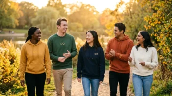 Diverse group of friends wearing custom autism awareness embroidered sweatshirts in warm sunlight.