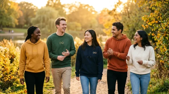 Diverse group of friends wearing custom autism awareness embroidered sweatshirts in warm sunlight.