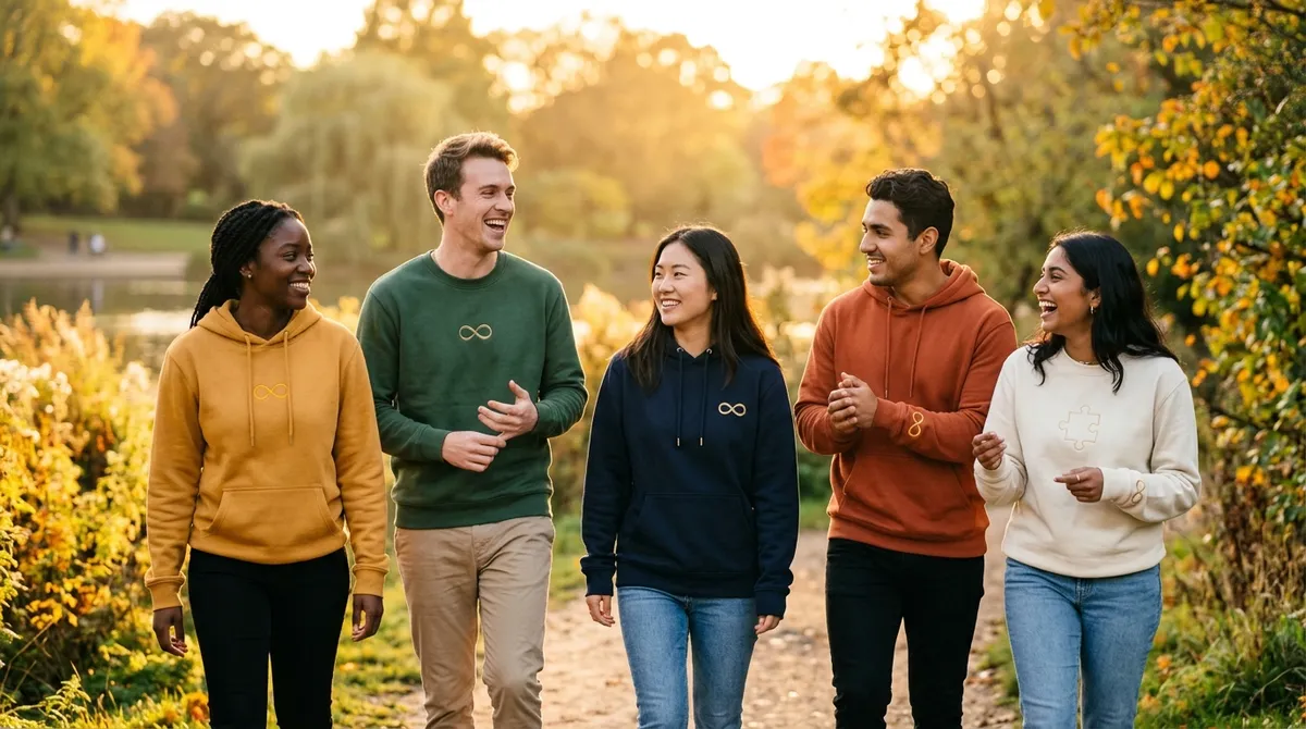 Diverse group of friends wearing custom autism awareness embroidered sweatshirts in warm sunlight.