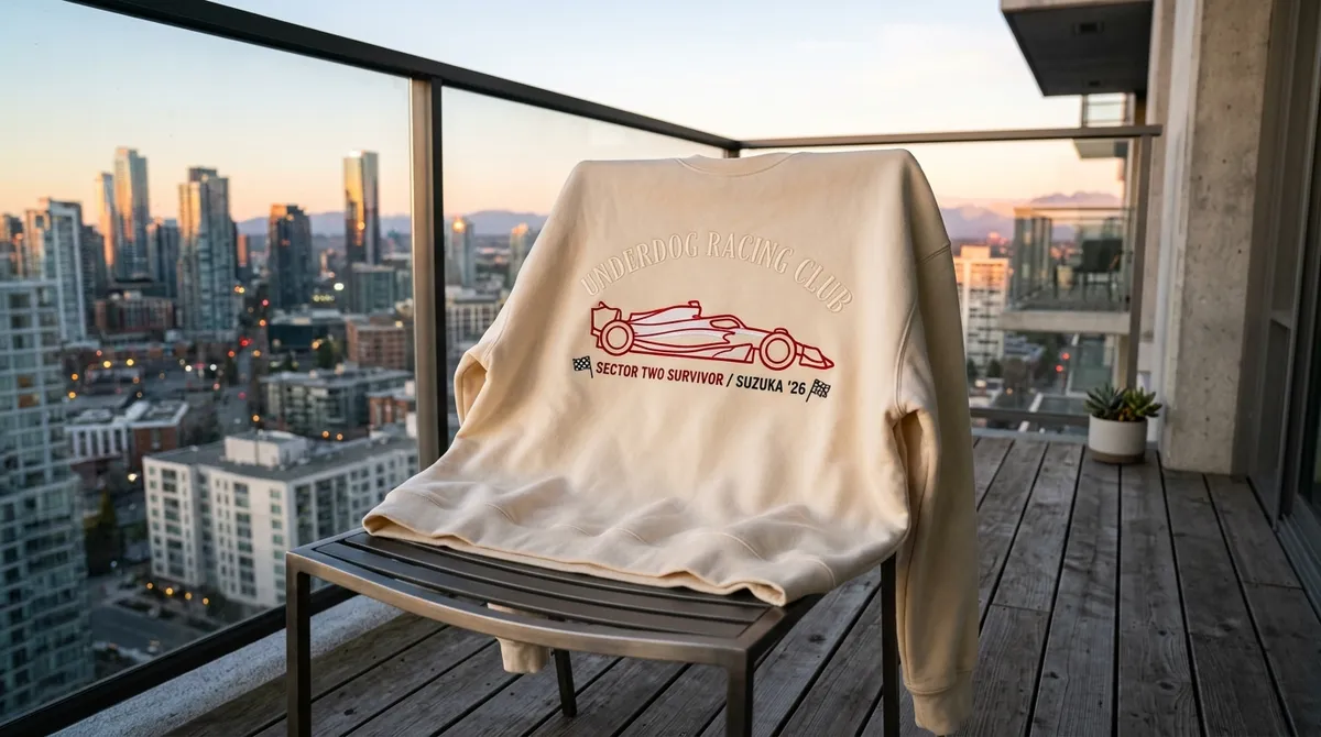 Elegant cream embroidered Haas F1 team paddock chic sweatshirt draped on a balcony chair at sunrise.