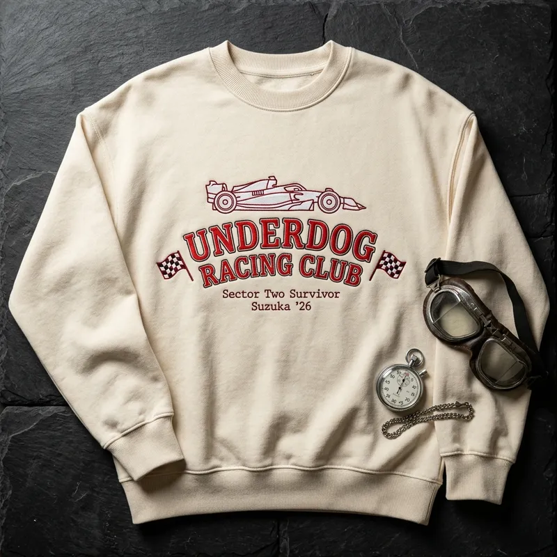 Close-up macro shot showing the high-density embroidery stitch detail of the Underdog Racing Club sweatshirt