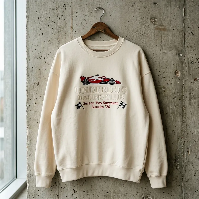 Candid lifestyle shot of a fashion-forward F1 fan wearing the Underdog Racing Club embroidered sweatshirt outdoors