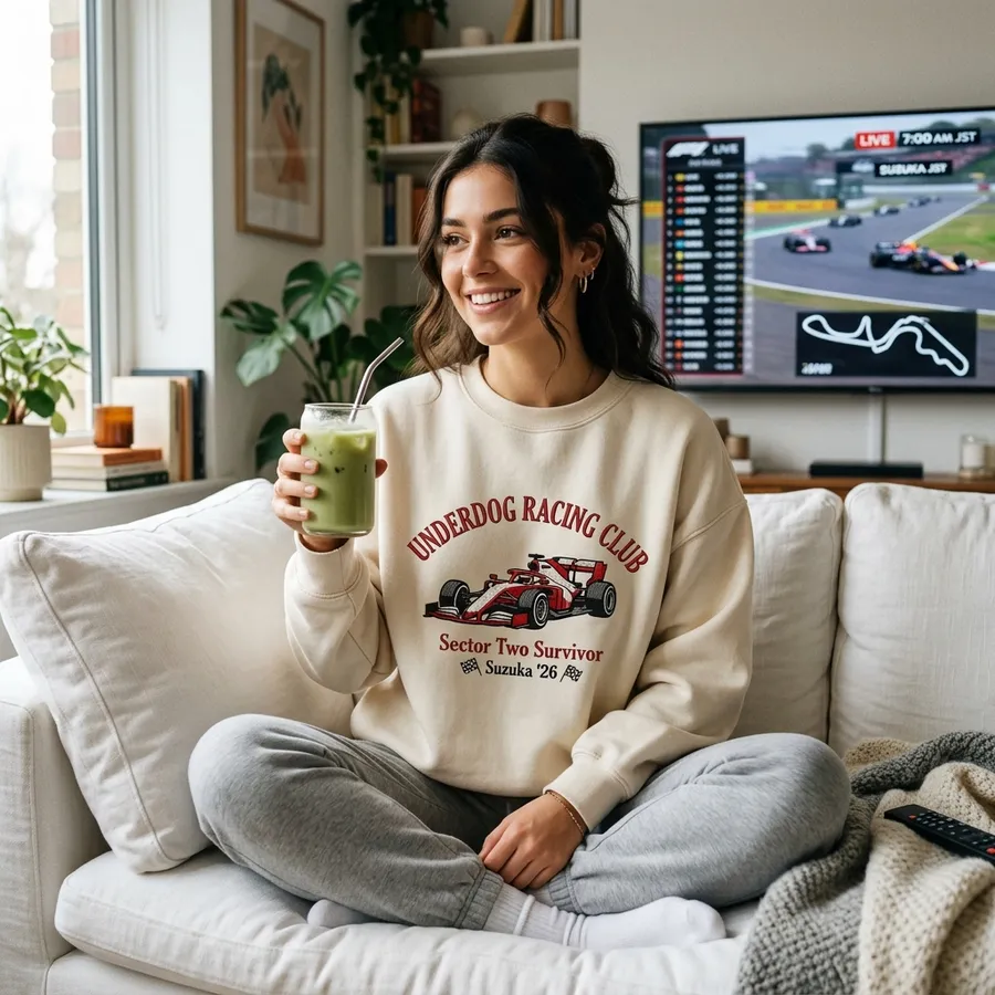 Styled flat lay of the cream-colored embroidered sweatshirt surrounded by racing memorabilia, a stopwatch, and a morning cup of coffee