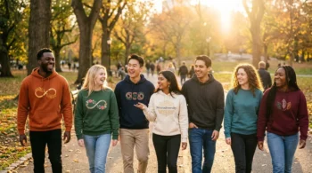 A stylish group of friends smiling outdoors wearing custom embroidered autism awareness sweatshirts.