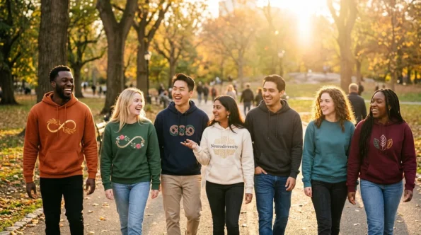 A stylish group of friends smiling outdoors wearing custom embroidered autism awareness sweatshirts.