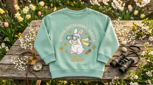 Easter bunny tracker 2026 custom embroidered mint green kids sweatshirt on a garden table.
