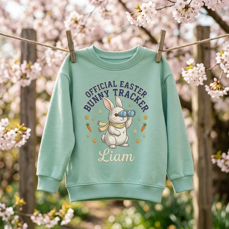 Macro shot of dense embroidery stitches on the bunny and binoculars