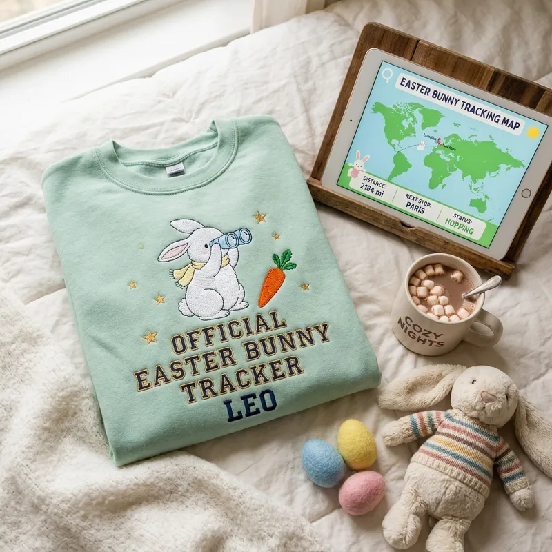 Child wearing the mint green custom tracker sweatshirt outdoors