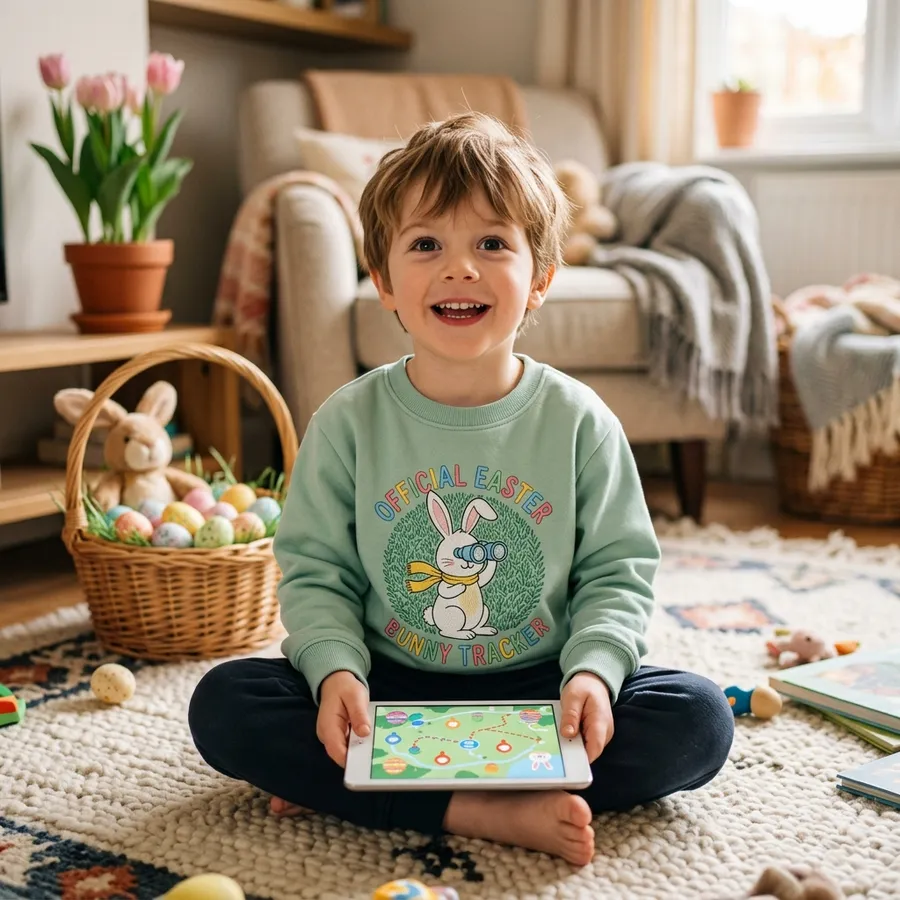 Easter morning flat lay with tracking tablet, carrots, and custom apparel