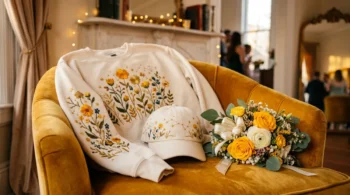 Custom embroidered sweatshirt and hat resting on a velvet chair for prom night