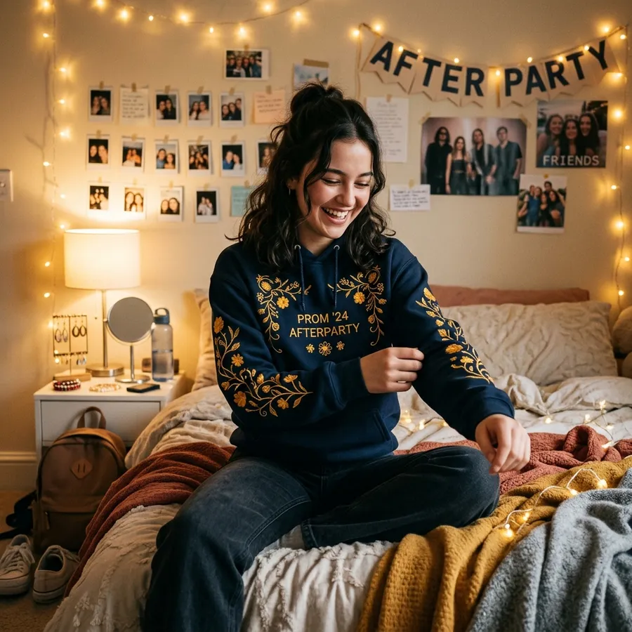 A couple wearing cozy custom embroidered hoodies and hats at an after-prom bonfire