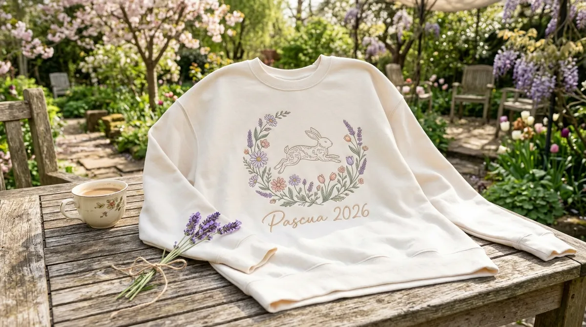 Cream embroidered Pascua 2026 sweatshirt spread on a rustic garden table in spring sunlight.