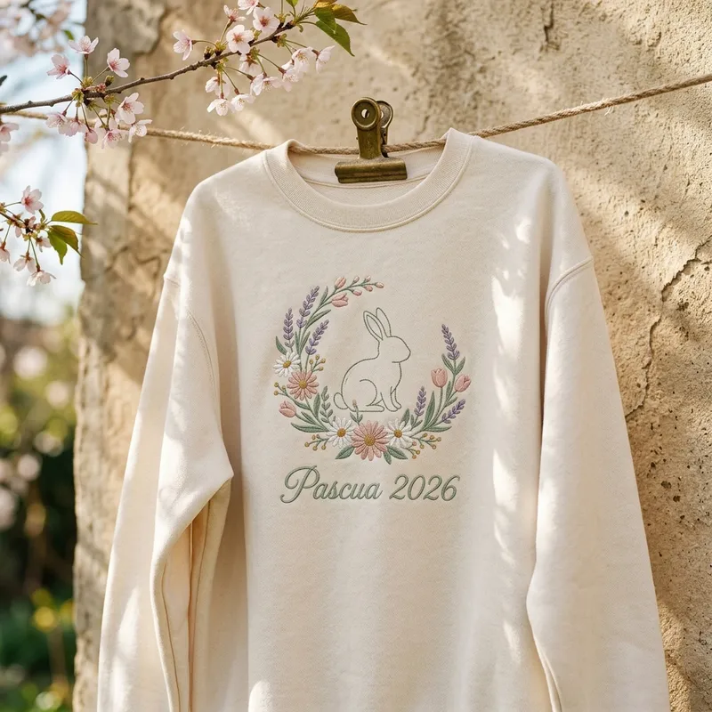 Close-up macro shot showing the premium pastel embroidery stitch detail of the spring wildflower wreath