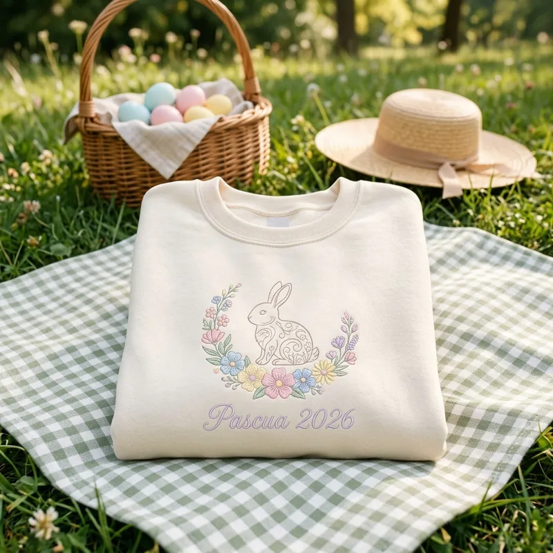 Candid lifestyle shot of a mother wearing the custom Pascua 2026 embroidered sweatshirt while hiding Easter eggs