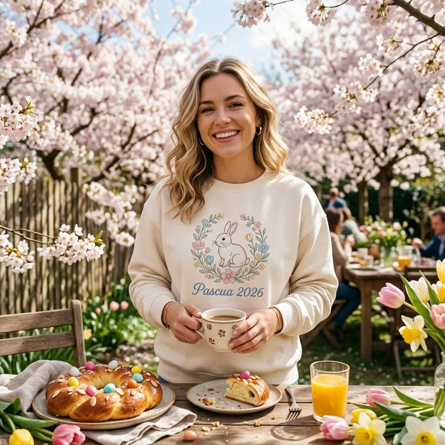 Styled flat lay of the Dulce Pascua sweatshirt surrounded by spring flowers, pastel Easter eggs, and a cup of tea