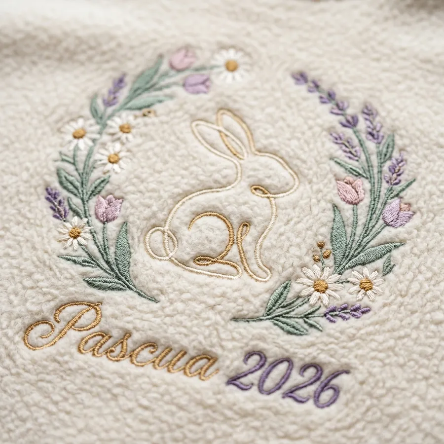 Back view and sleeve detail of the custom embroidered Pascua 2026 sweatshirt, highlighting the signature tiny daisy on the cuff