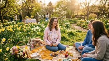 Person wearing an Easter embroidered sweatshirt sitting on a picnic blanket in spring