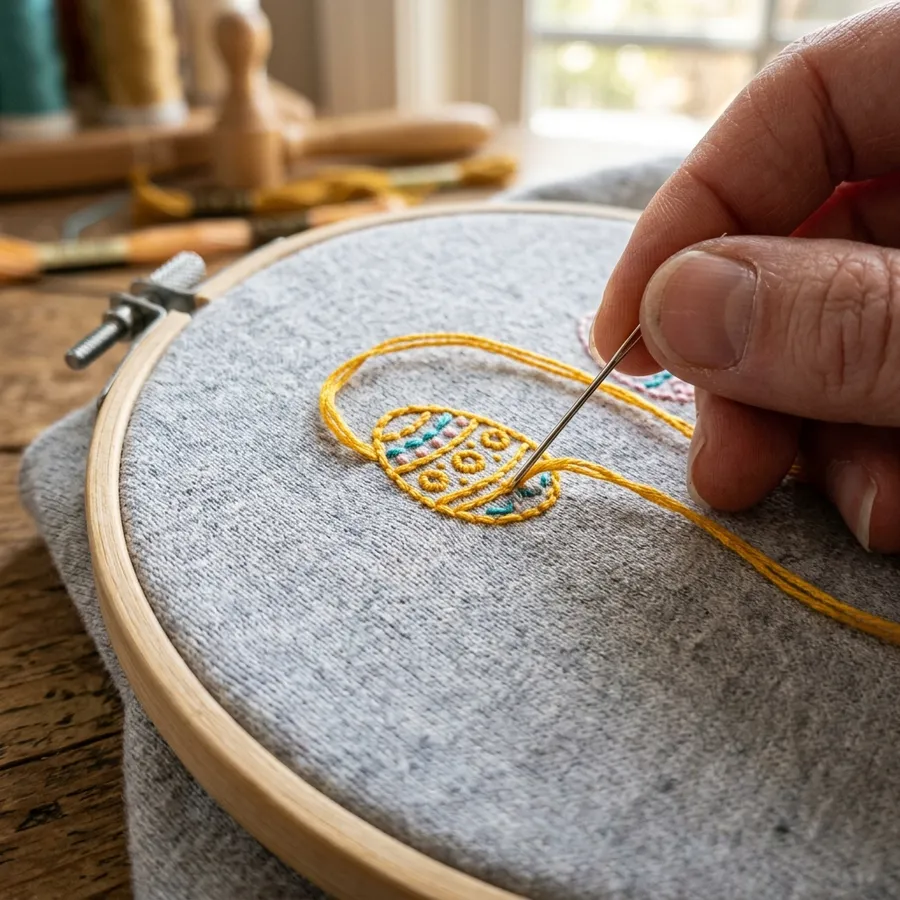 Detailed view of high-quality machine embroidery on a pastel spring hoodie