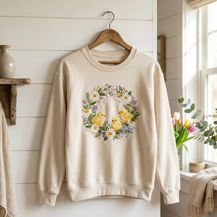 Woman smiling outdoors wearing a cozy personalized embroidered sweatshirt from LolliDollyArt