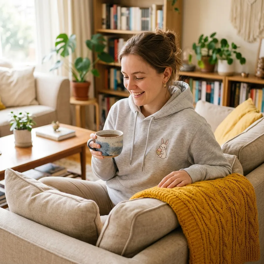 A beautiful collection of pastel spring hoodies, t-shirts, and embroidered hats neatly folded