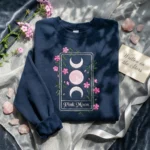 Pink Moon Tarot Embroidered Sweatshirt - Lunar Phase Floral Navy Witchy Apparel embroidered-sweatshirt