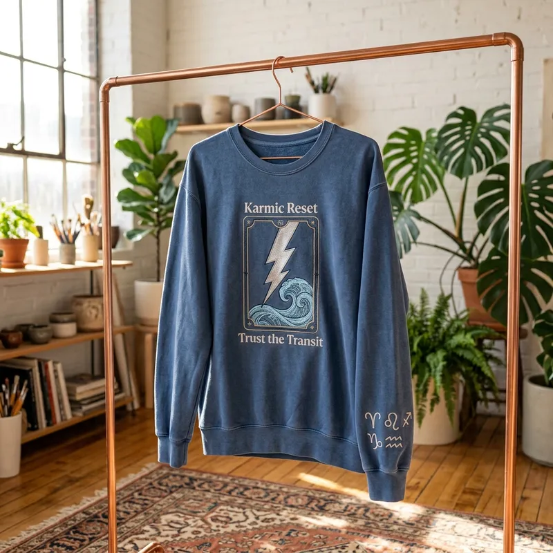 April 7 2026 Astrology: The Karmic Reset & Cozy Custom Apparel A candid lifestyle shot of a young woman wearing the Karmic Reset sweatshirt, looking thoughtfully out a window while holding a mug, showcasing the left sleeve's custom Big Three embroidery