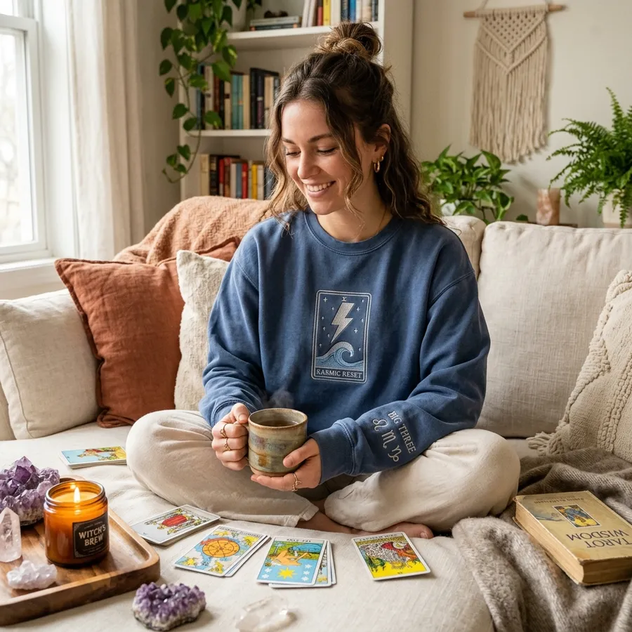April 7 2026 Astrology: The Karmic Reset & Cozy Custom Apparel A beautifully styled flat lay featuring the Karmic Reset custom sweatshirt surrounded by tarot cards, amethyst crystals, and a warm cup of herbal tea