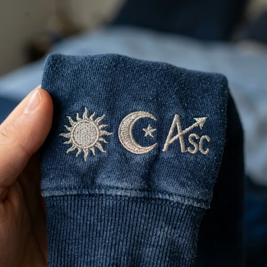 April 7 2026 Astrology: The Karmic Reset & Cozy Custom Apparel A close-up detail shot showing the folded Karmic Reset sweatshirt revealing the custom left sleeve cuff with delicate silver Sun, Moon, and Rising astrological symbols