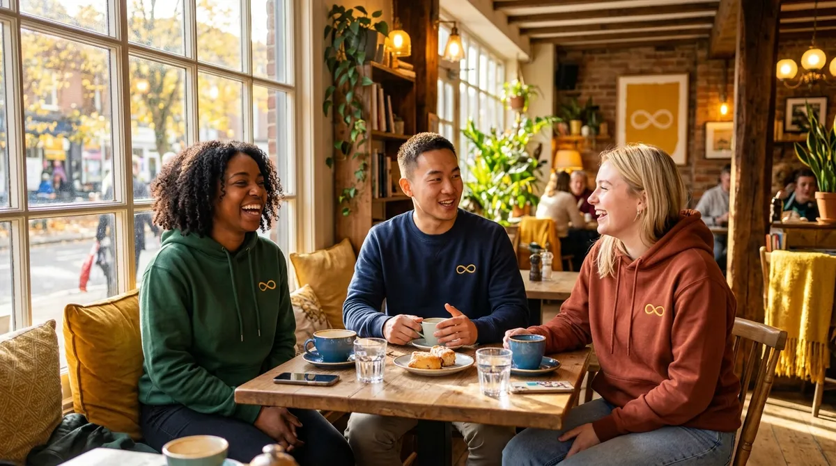 A diverse group of friends laughing together while wearing cozy embroidered sweatshirts with autism awareness symbols in a sunlit cafe.