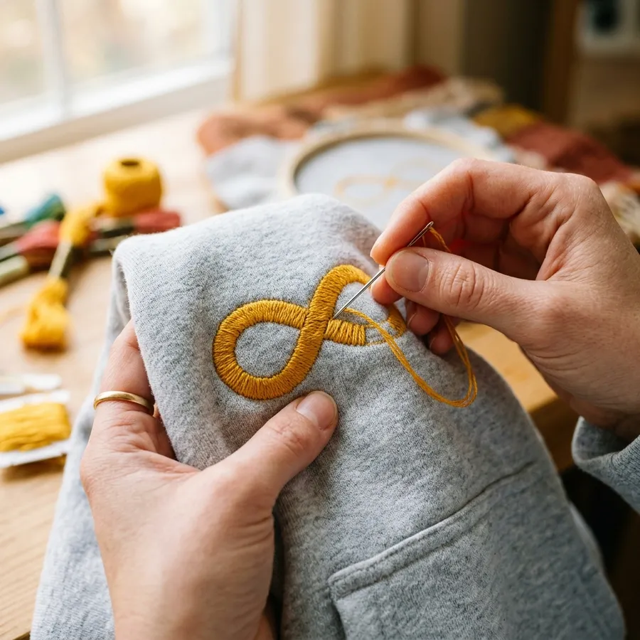 A beautifully styled flat lay featuring a custom embroidered sweatshirt with a neurodiversity theme, paired with aesthetic lifestyle accessories