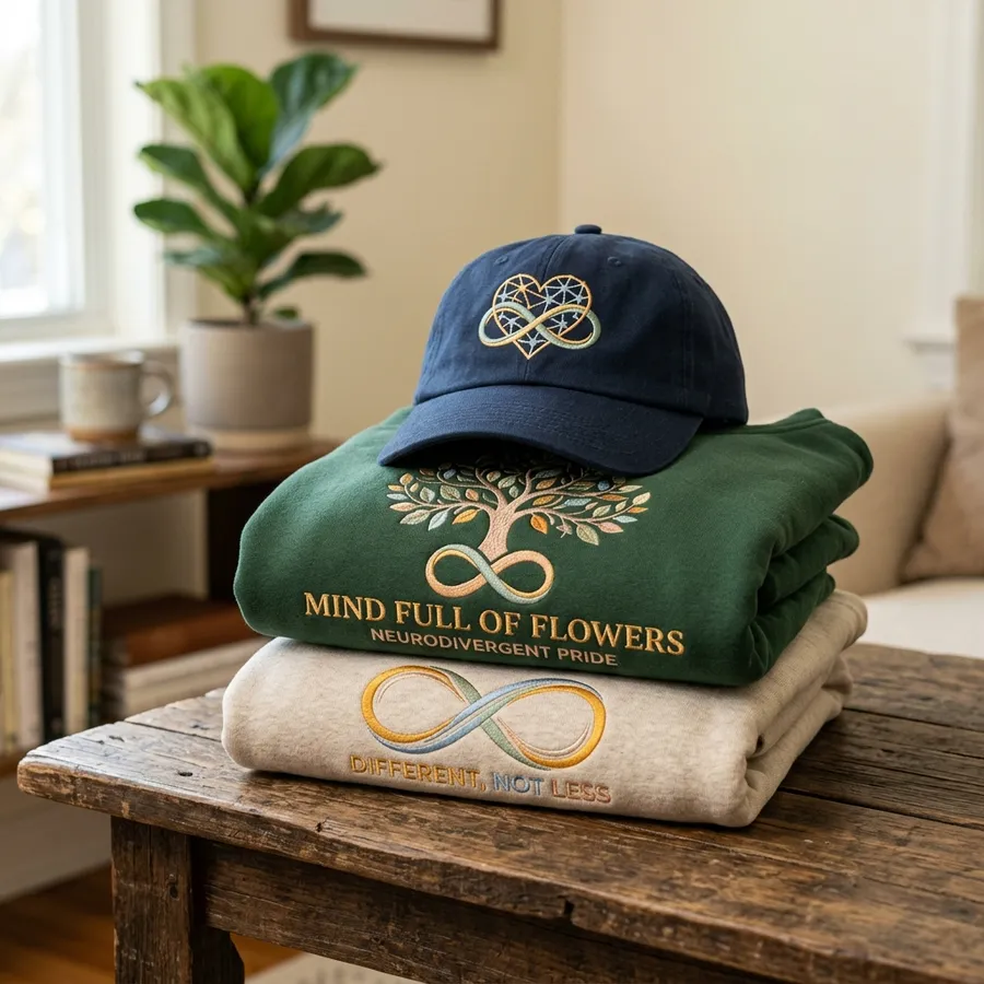 A smiling person outdoors wearing a LolliDollyArt custom embroidered hoodie showcasing their special interest design