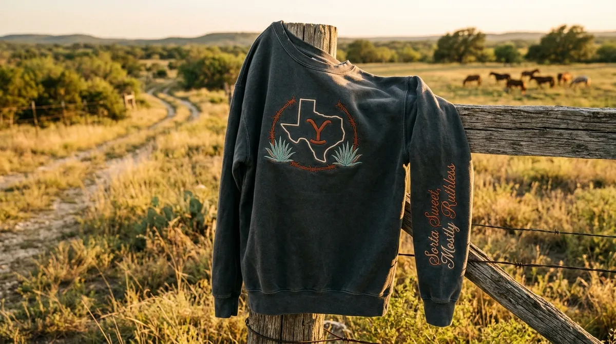 Dutton Ranch season 1 details on a vintage washed charcoal embroidered sweatshirt draped on a rustic fence.