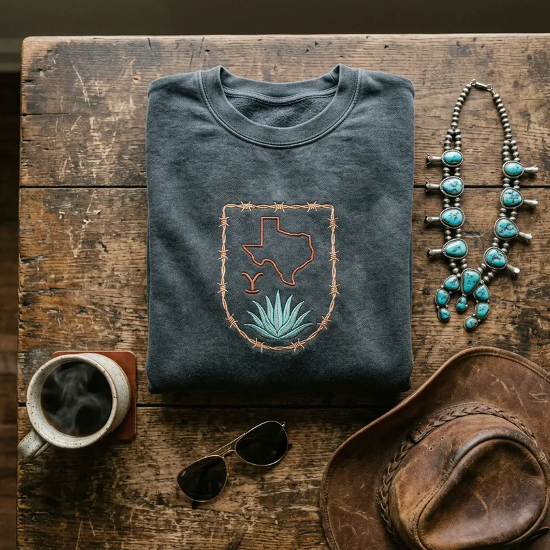 Close-up macro showing the intricate embroidery stitch detail of the South Texas Dutton Ranch design