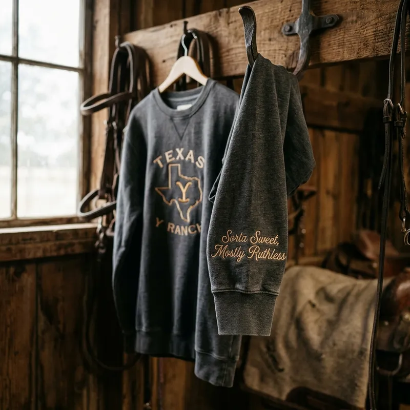 Candid lifestyle shot of a woman wearing the South Texas Dutton Ranch Embroidered Sweatshirt