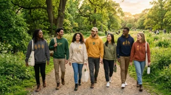 Group of friends wearing sustainable embroidered clothing in a sunny park for Earth Day.
