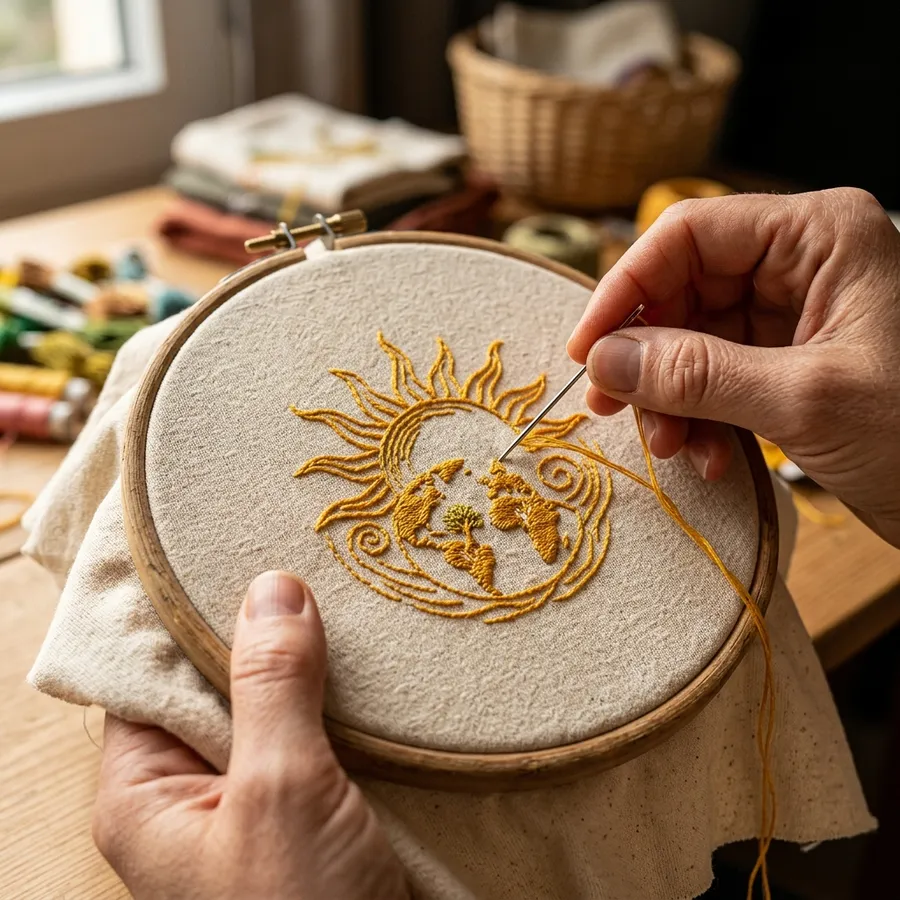 Styled mockup of custom machine-embroidered LolliDollyArt apparel