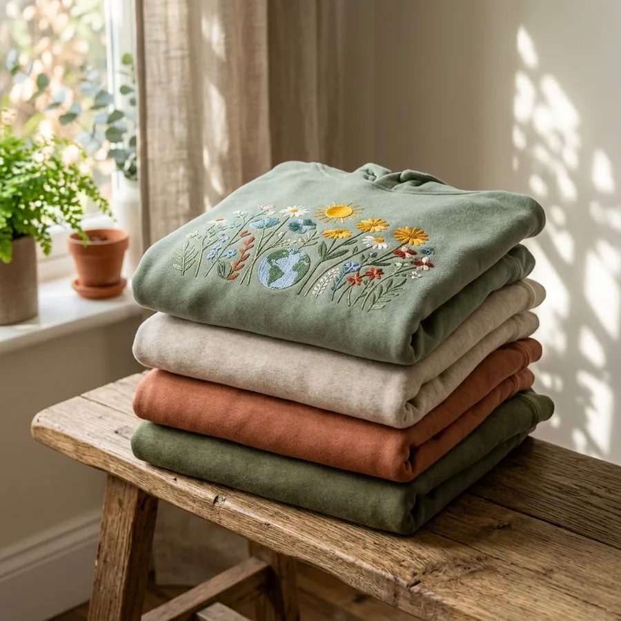 Lifestyle scene of a person wearing a custom embroidered sweatshirt outdoors