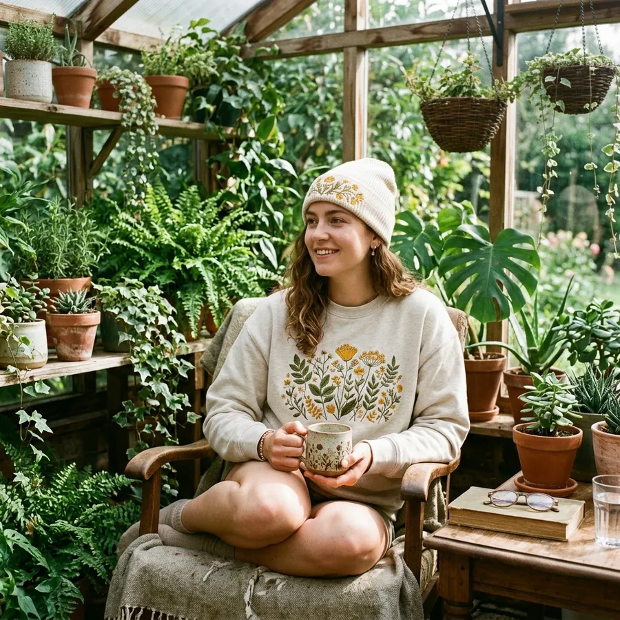 Spring outfit collection showcasing custom embroidered hats and t-shirts