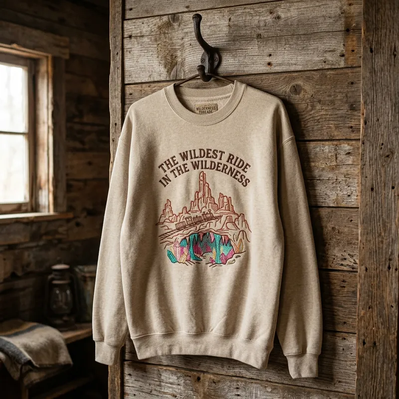 Close-up of the intricate embroidery stitches on the Wildest Ride sweatshirt featuring shimmering teal and magenta threads