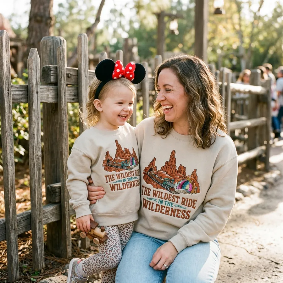 A flat lay of Disney vacation planning materials alongside a custom embroidered sweatshirt