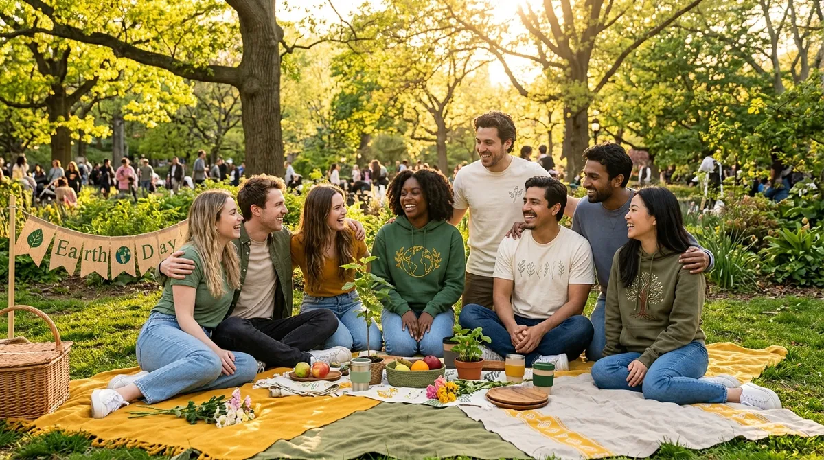 Group of friends wearing sustainable embroidered hoodies and t-shirts in a sunlit park for Earth Day.
