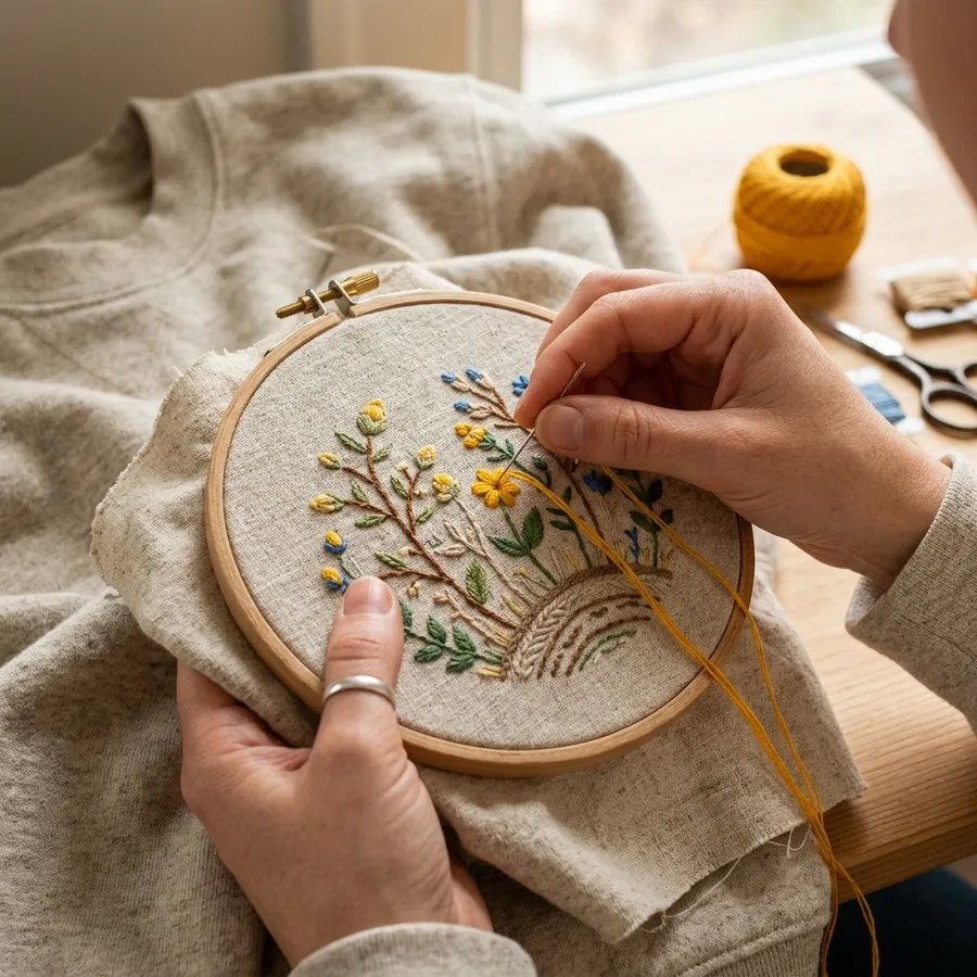 A stylish mockup of a personalized embroidered sweatshirt laid out with spring accessories