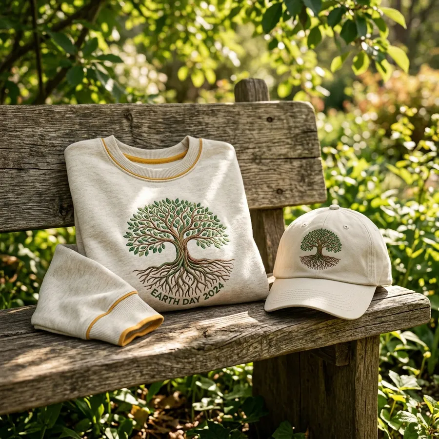 A happy customer wearing a custom embroidered hoodie with a cute pet design during a spring walk
