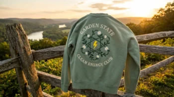 Sage green Garden State Clean Energy Club embroidered sweatshirt in New Jersey.
