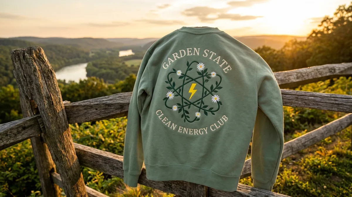 Sage green Garden State Clean Energy Club embroidered sweatshirt in New Jersey.